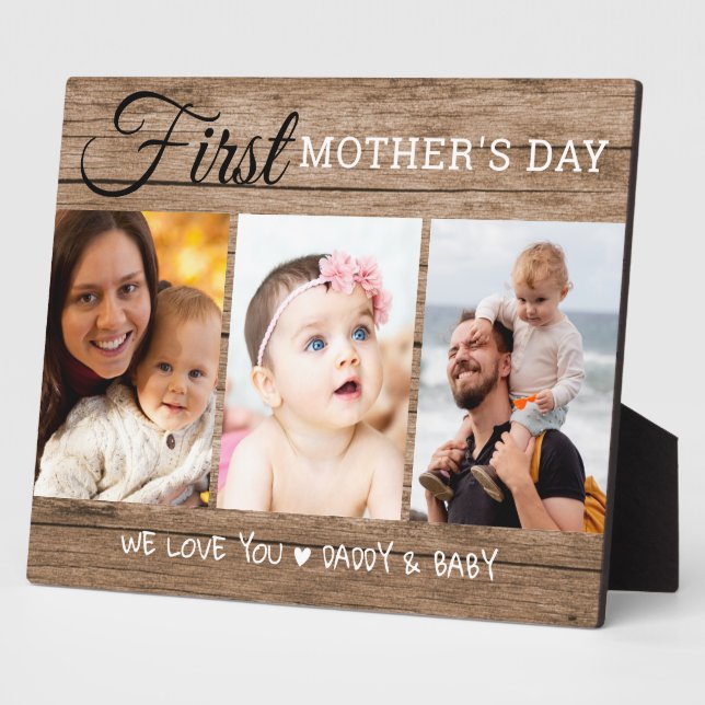 First Mother's Day 3 Photo Collage  Rustic Wood Plaque (Side)
