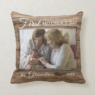 First Mother's Day As Grandma Photo Rustic Wood   Cushion