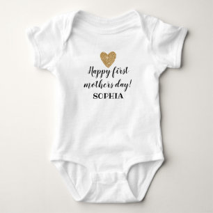 First Mothers Day Baby Girl Heart Gold Glitter Bodysuit