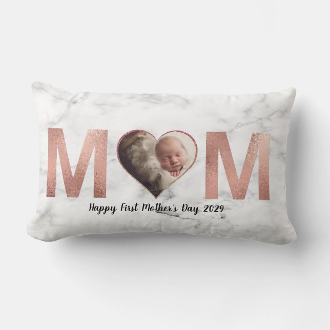 First Mother's Day Baby Photo Rose Gold Heart Lumbar Cushion (Front)
