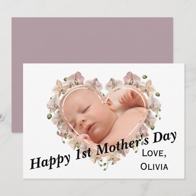First Mothers Day Baby Photo SVG Heart Floral Card (Front/Back)
