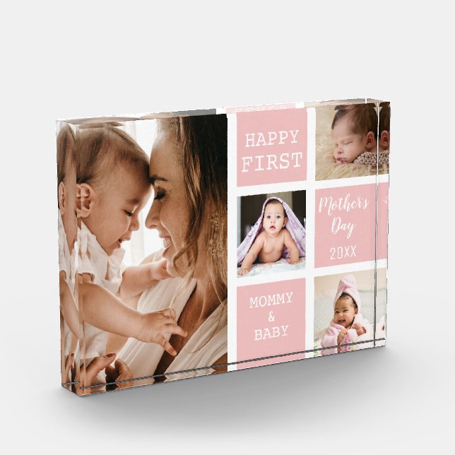 First Mother's Day Baby Pink 4 Photo Collage Block (Left)