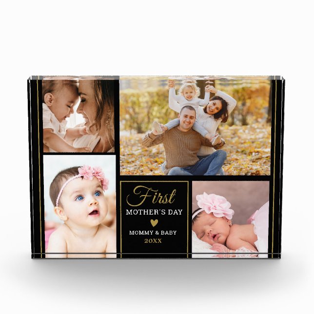 First Mother's Day Black And Gold 4 photo Collage  Block (Front)