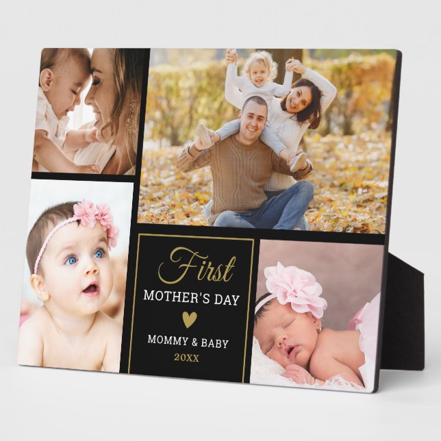 First Mother's Day Black And Gold 4 photo Collage Plaque (Side)