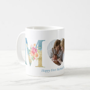First Mother's Day Blue Gold Floral Letters Photo Coffee Mug