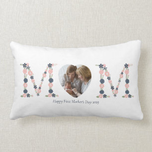 First Mother's Day Blush Pink Navy Floral Letters Lumbar Cushion