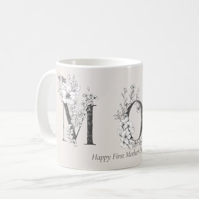 First Mother's Day Botanical Letters Blush Pink Coffee Mug (Front Left)