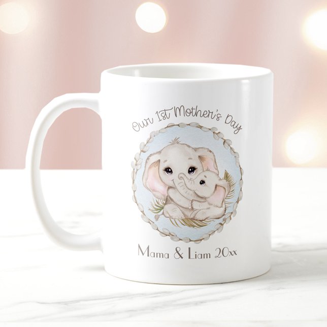 First Mother's Day Boy Blue Elephant Personalised Coffee Mug (First Mother's Day Boy Blue Elephant Personalized Coffee Mug)