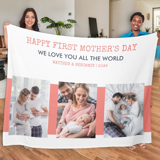First Mothers Day Coral White and Blue 3 Photo Fleece Blanket (Creator Uploaded)