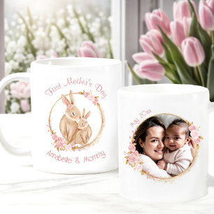First Mother's Day Cute Bunnies Baby Girl Photo Coffee Mug