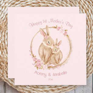 First Mother's Day Cute Bunny Girl Floral Pink Card