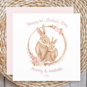 First Mother's Day Cute Bunny Girl White Pink Card