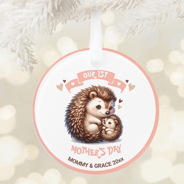 First Mother's Day Cute Hedgehog Custom Name Text Ornament (First Mother's Day Cute Hedgehog Custom Name Text Ornament)