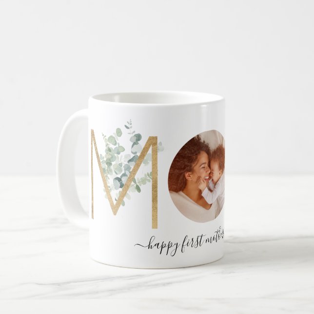 First Mother's Day Gold Botanical Letters Photo Coffee Mug (Front Left)