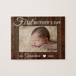 First Mother's Day Grandma Photo Dark Wood Jigsaw Puzzle