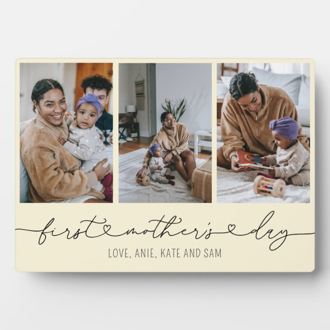 First Mother's Day Heart Script 3 Photo Gift Plaque (Front)