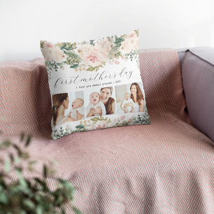 First Mother's Day Photo Collage Floral Cushion