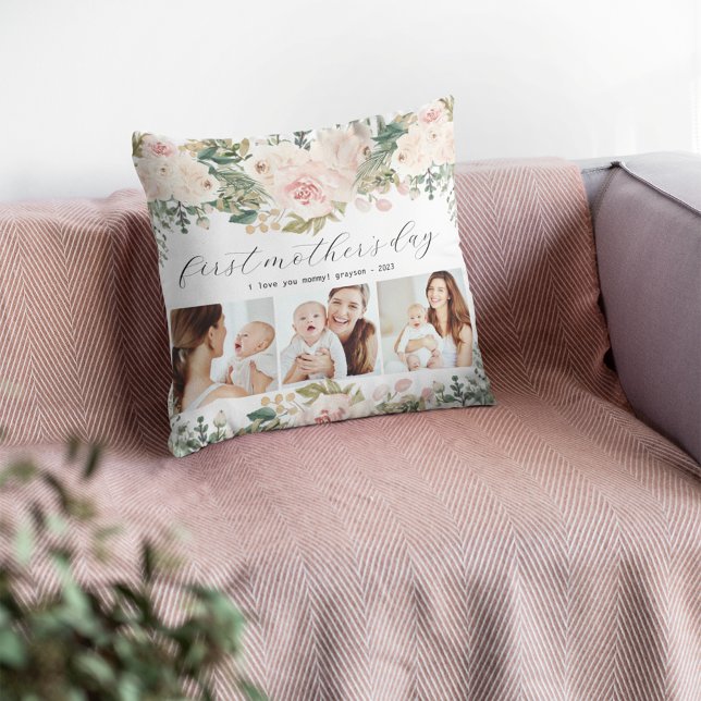 First Mother's Day Photo Collage Floral Cushion (Creator Uploaded)