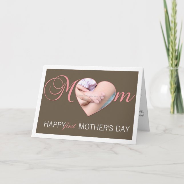 First Mother's Day Photo Heart New Mum Pink Brown Card (Front)