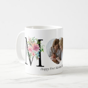 First Mother's Day Pink Black Floral Letters Photo Coffee Mug