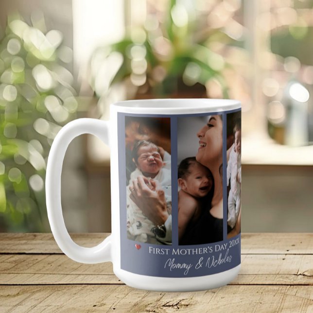 First Mother's Day Three Photo Collage Blue Coffee Mug (Blue First Mother's Day Three Photo Collage Coffee Mug)