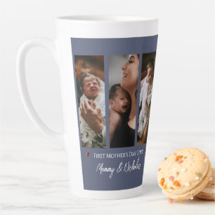 First Mother's Day Three Photo Collage Blue Latte Mug