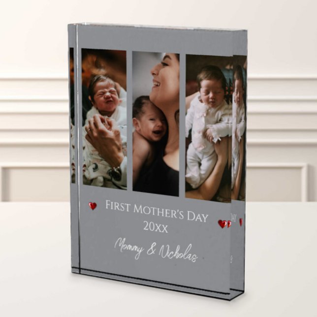 First Mothers Day Three Photo Collage | Grey (Gray First Mother's Day Three Photo Collage Photo Block)
