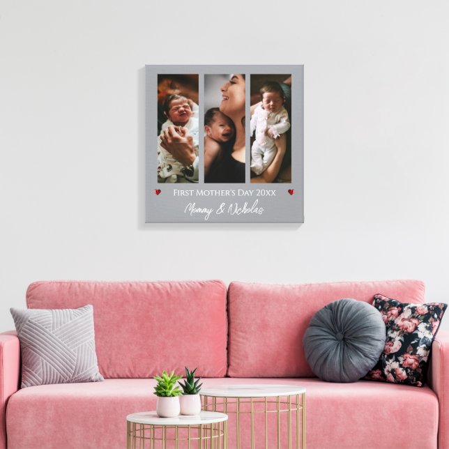 First Mother's Day Three Photo Collage | Grey Canvas Print (Insitu(LivingRoom))