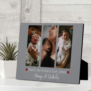 First Mother's Day Three Photo Collage   Grey Plaque