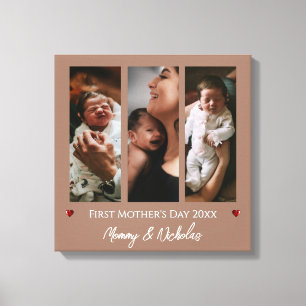 First Mother's Day Three Photo Collage Mocha Brown Canvas Print