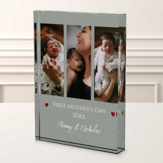 First Mother's Day Three Photo Collage Sage Green