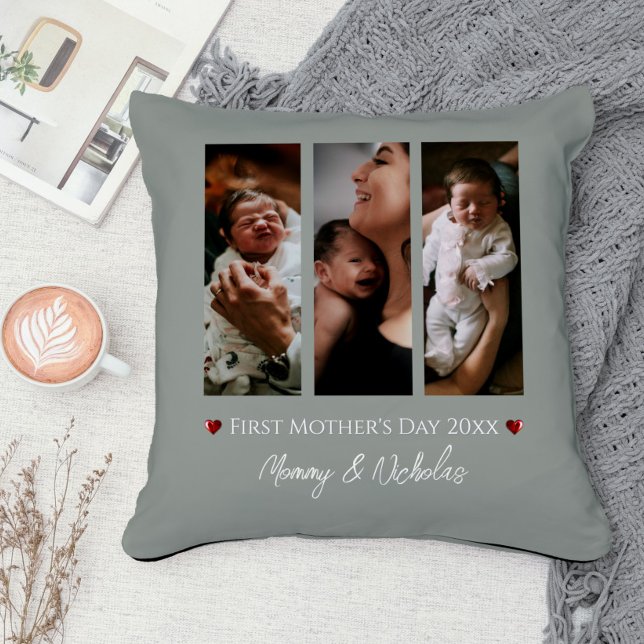 First Mother's Day Three Photo Collage Sage Green Cushion (Sage Green First Mother's Day Three Photo Collage Throw Pillow)