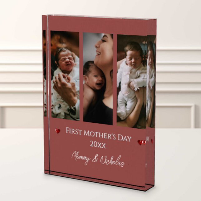 First Mother's Day Three Photo Collage Terracotta (Terracotta First Mother's Day Three Photo Collage Photo Block)