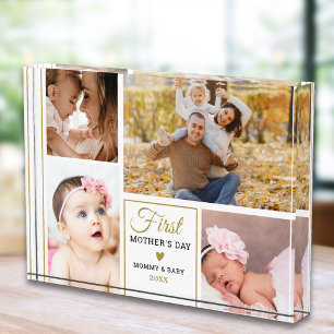 First Mother's Day White And Gold 4 photo Collage Block