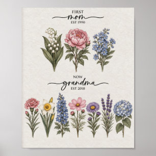 First Mum To Grandma Pink And White Birth Flower P Poster