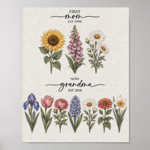 First Mum to Grandma Rose and Blue Birth Flower Po Poster