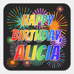 First Name "ALICIA", Fun "HAPPY BIRTHDAY" Square Sticker