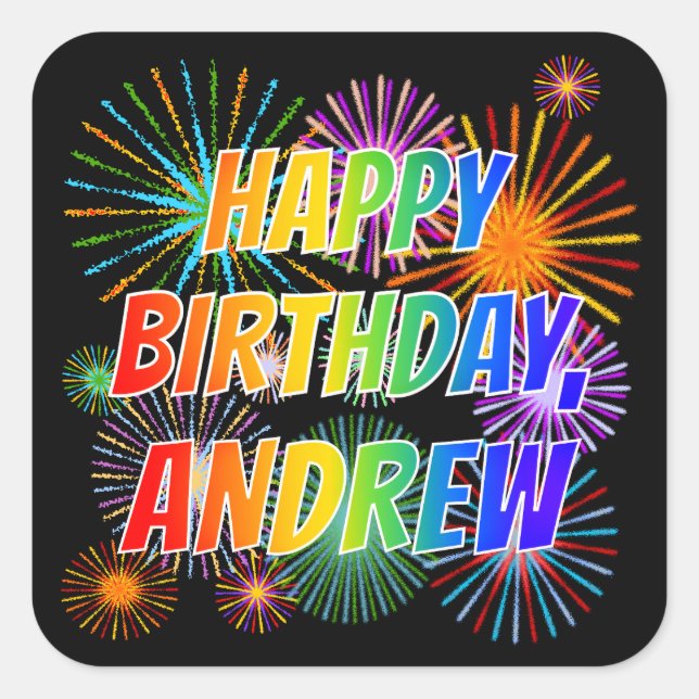 First Name "ANDREW", Fun "HAPPY BIRTHDAY" Square Sticker (Front)