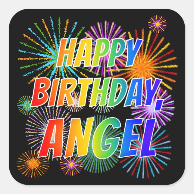 First Name "ANGEL", Fun "HAPPY BIRTHDAY" Square Sticker (Front)