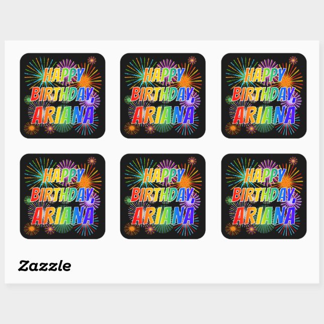 First Name "ARIANA", Fun "HAPPY BIRTHDAY" Square Sticker (Sheet)