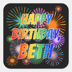 First Name "BETH", Fun "HAPPY BIRTHDAY" Square Sticker