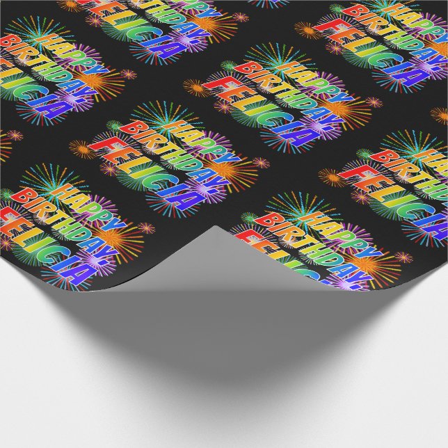 First Name "FELICIA", Fun "HAPPY BIRTHDAY" Wrapping Paper (Corner)