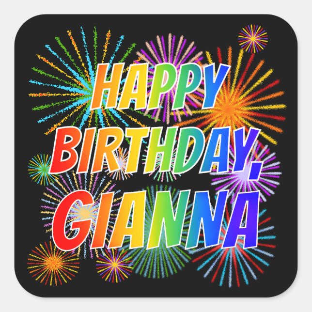First Name "GIANNA", Fun "HAPPY BIRTHDAY" Square Sticker (Front)