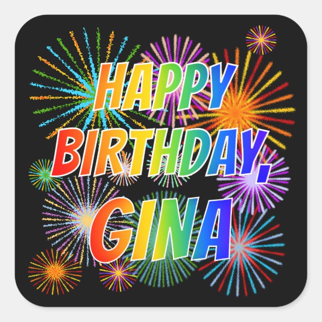 First Name "GINA", Fun "HAPPY BIRTHDAY" Square Sticker (Front)