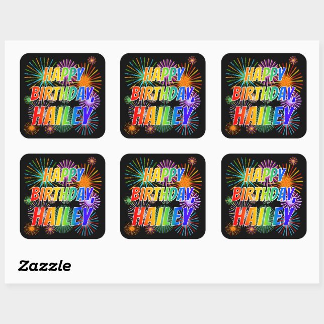 First Name "HAILEY", Fun "HAPPY BIRTHDAY" Square Sticker (Sheet)