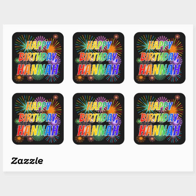 First Name "HANNAH", Fun "HAPPY BIRTHDAY" Square Sticker (Sheet)