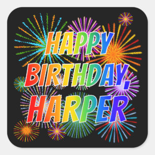 First Name "HARPER", Fun "HAPPY BIRTHDAY" Square Sticker
