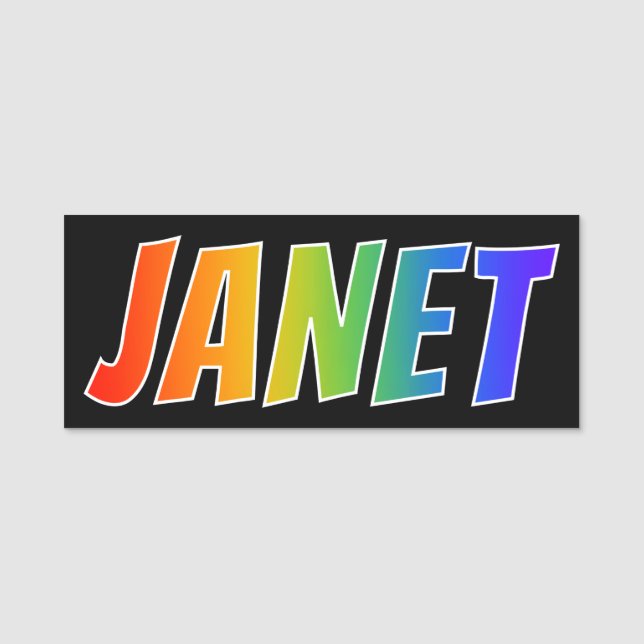 First Name "JANET": Fun Rainbow Colouring Name Tag (Front)