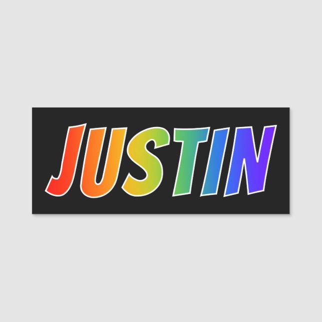 First Name "JUSTIN": Fun Rainbow Colouring Name Tag (Front)