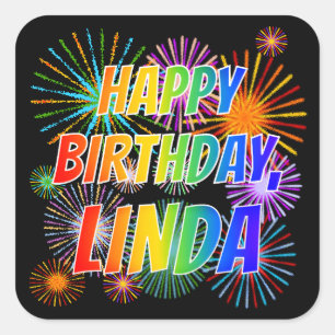 First Name "LINDA", Fun "HAPPY BIRTHDAY" Square Sticker